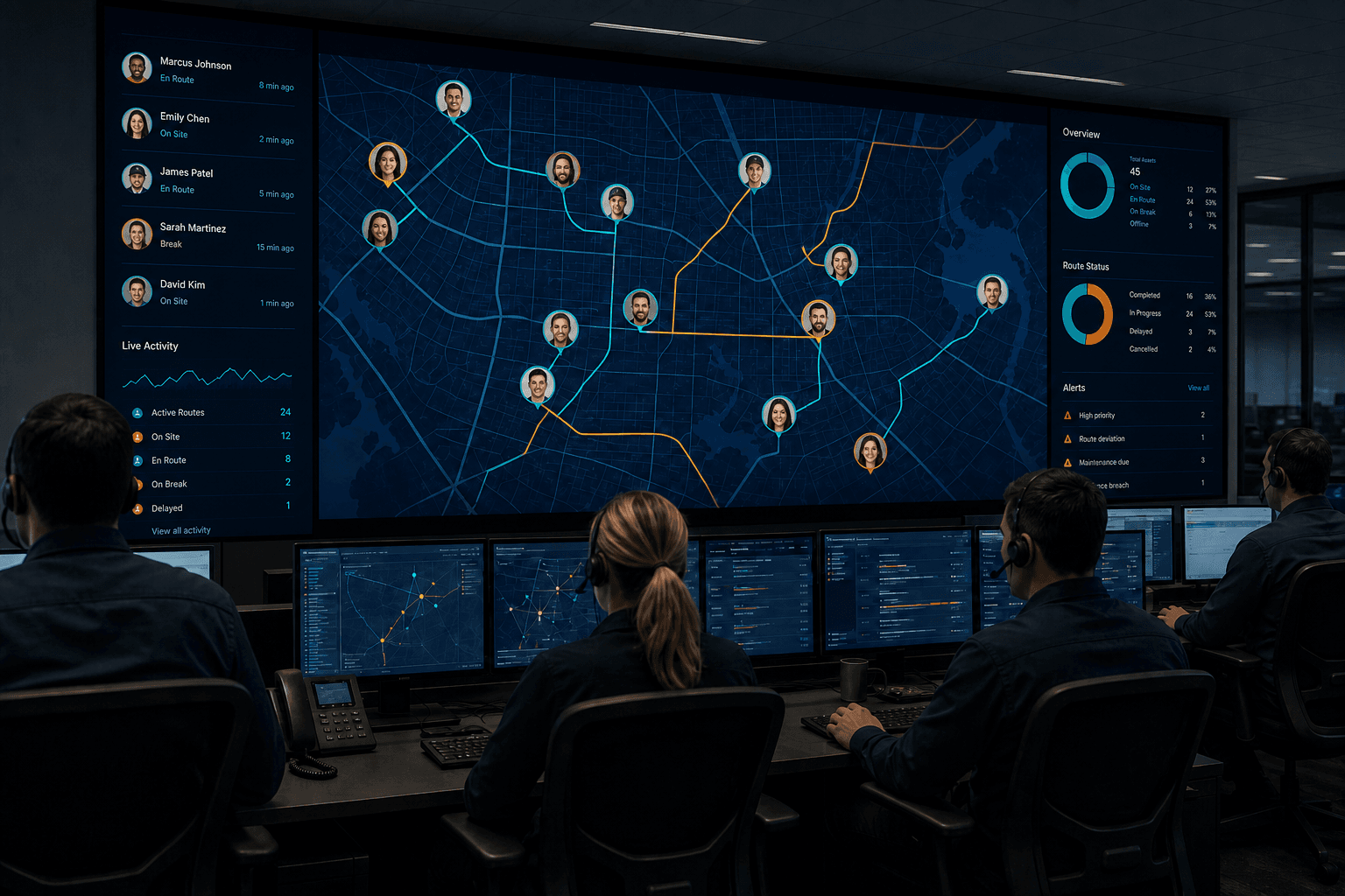 NG-Tech live technician tracking map with team member avatars