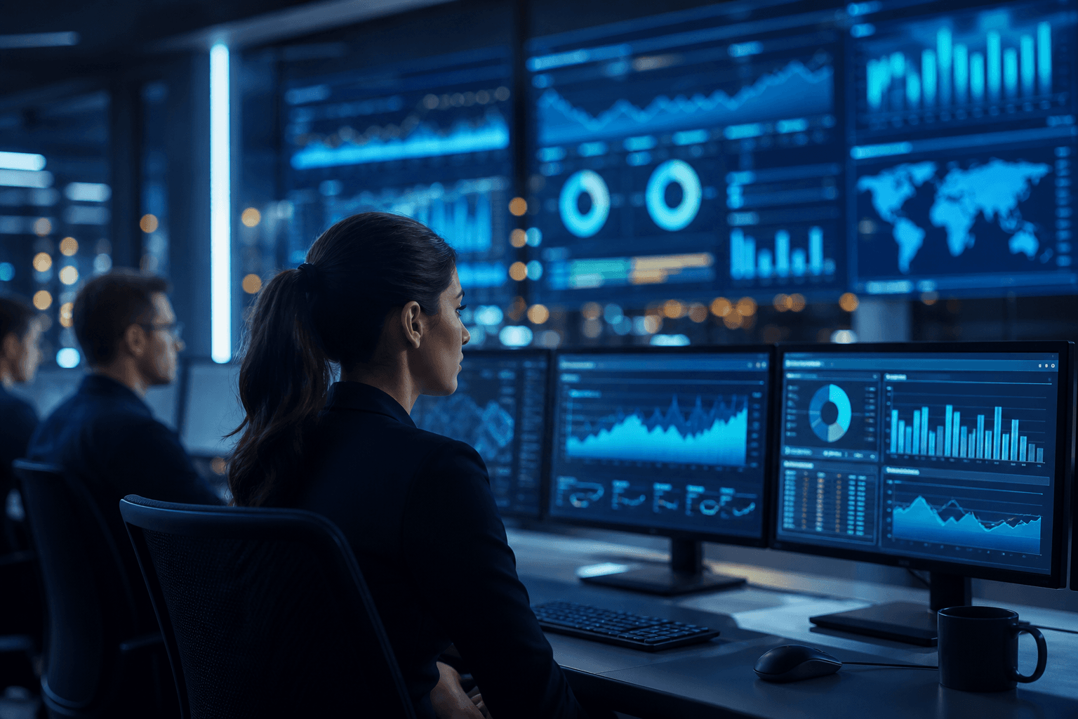 Operations room with KPI dashboards and real-time analytics on large displays