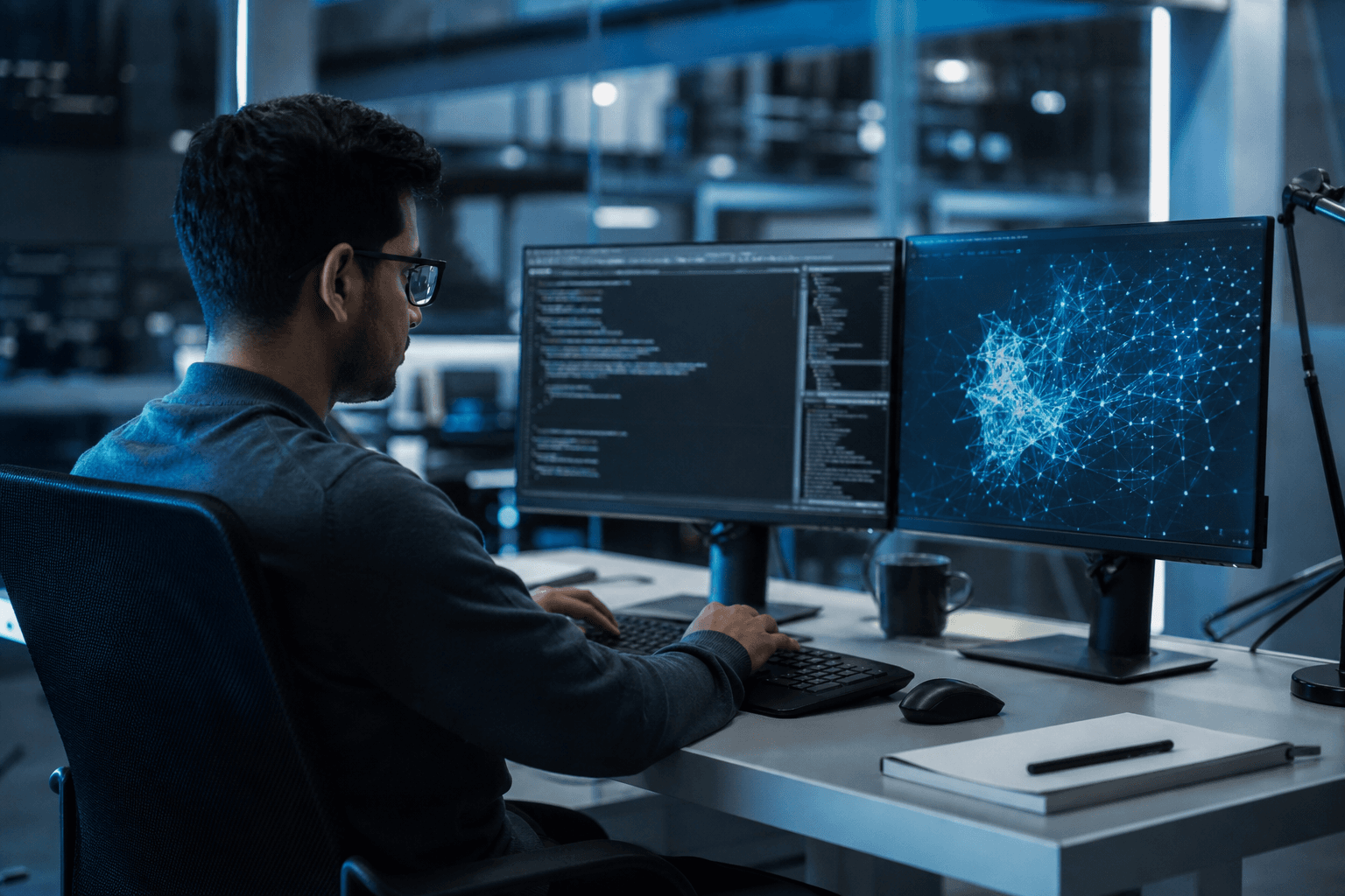 Developer workstation with code editor and neural network visualization