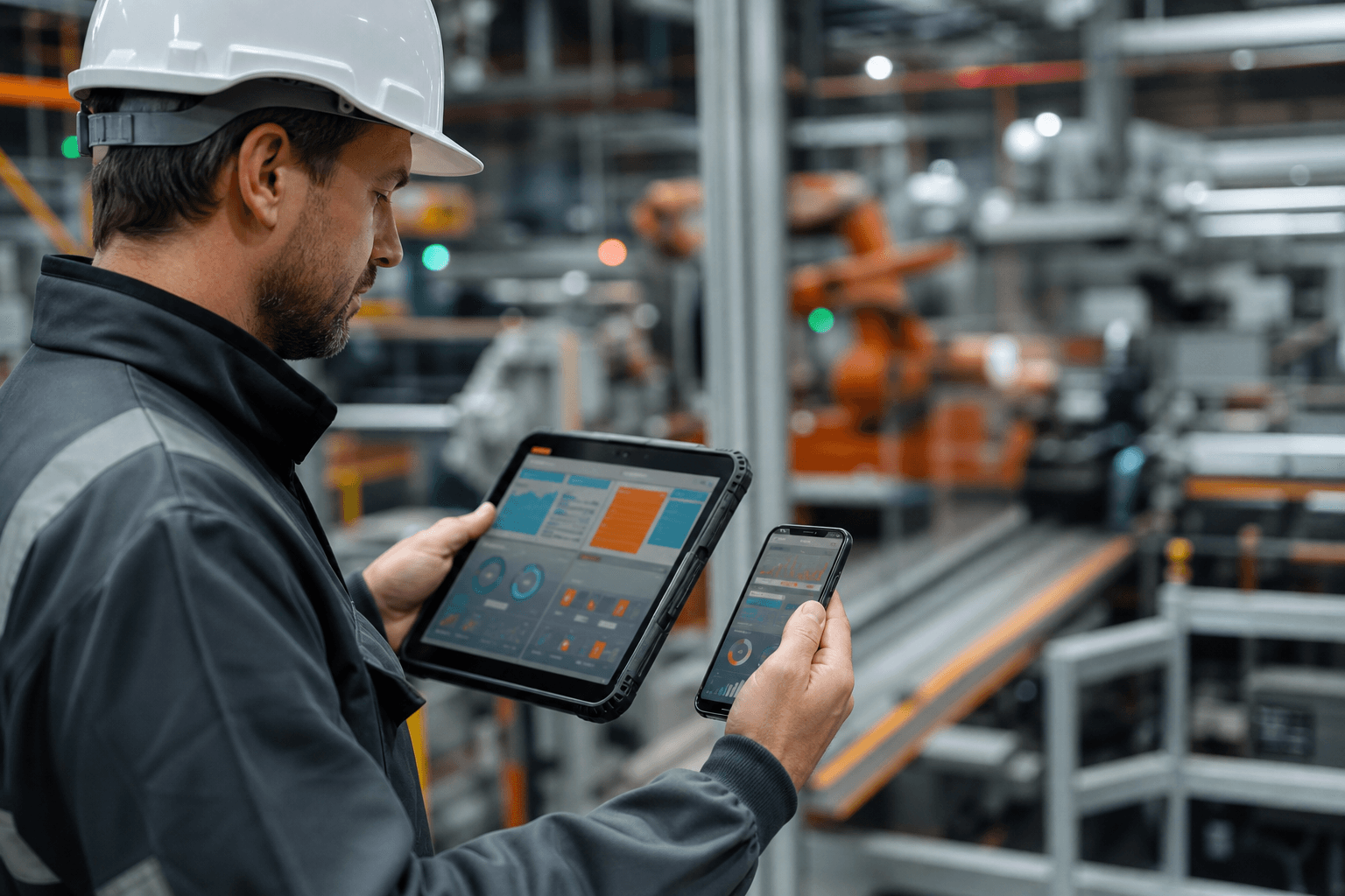 Field technician using rugged tablet and phone with responsive app interfaces