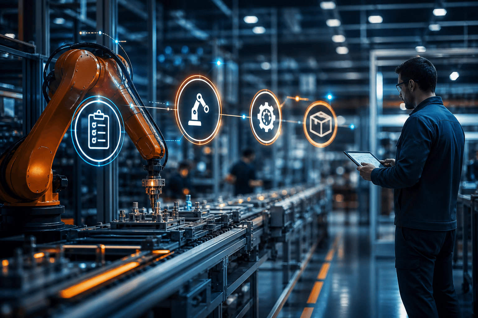 Automated factory workflow with robotic systems and digital process overlay