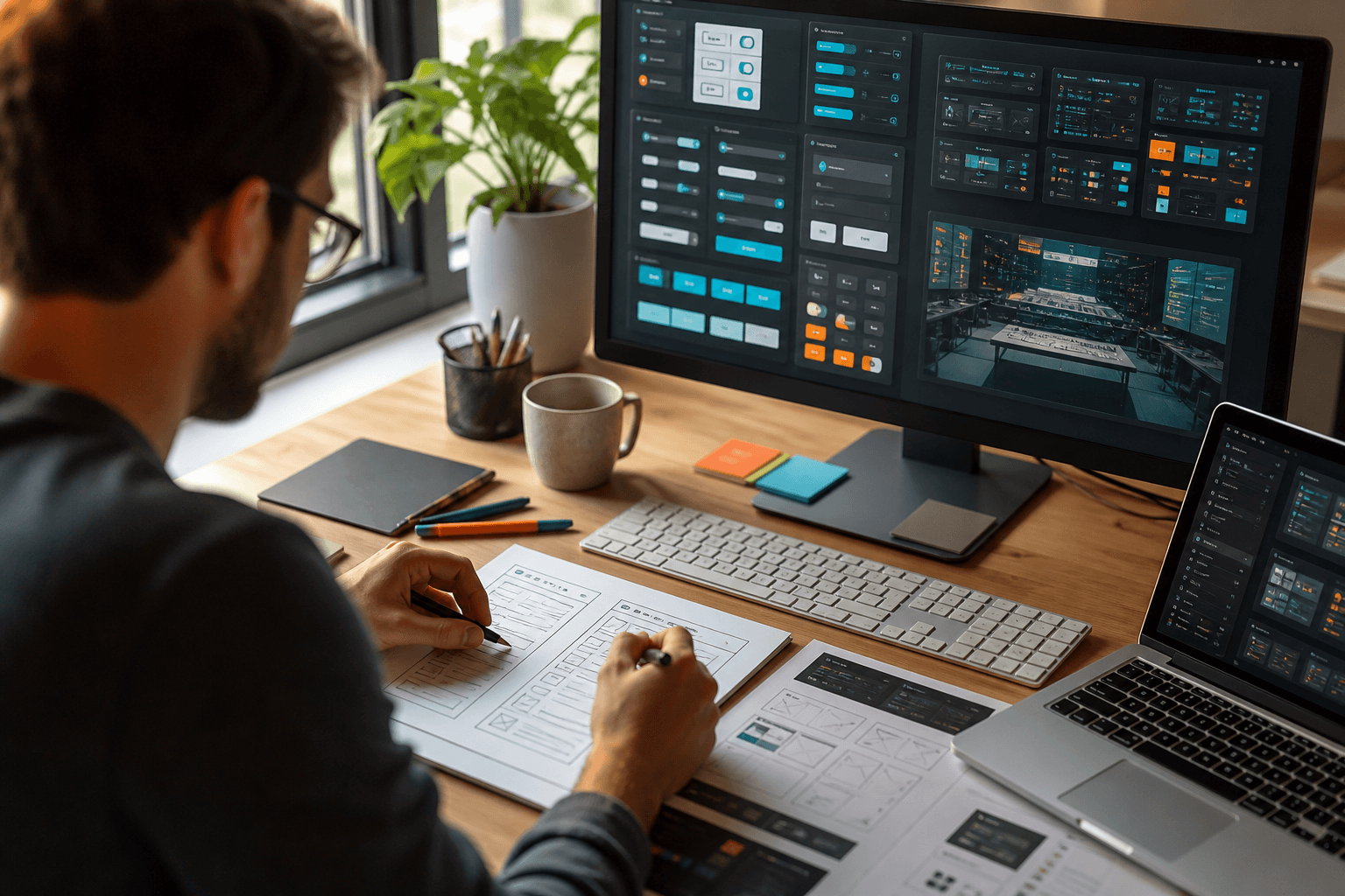 UX designer workspace with wireframes and component library on screen